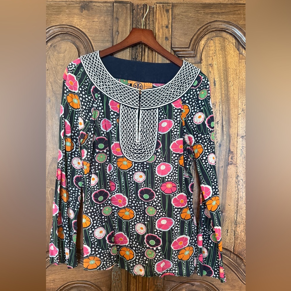 Tory Burch Black Long-Sleeve Floral Tunic with Pink & Orange Accents Size 10
